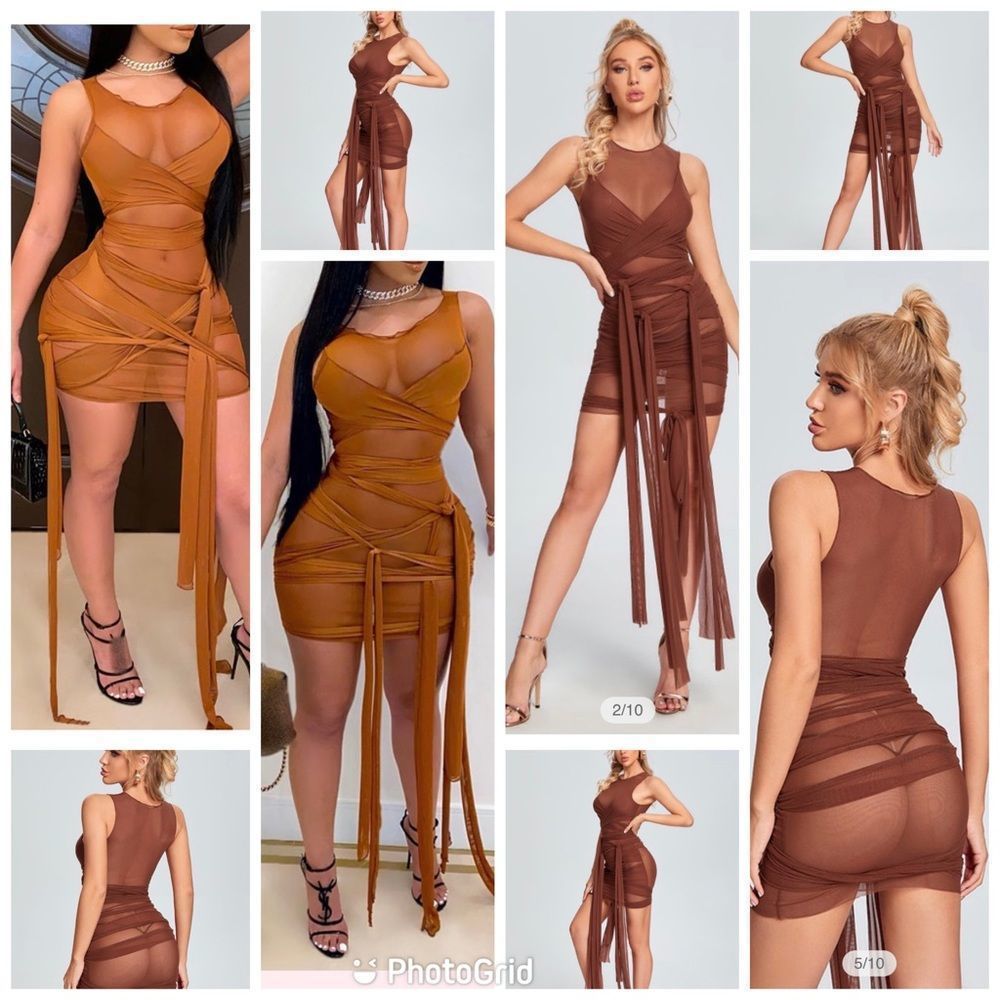 Brown Sleeveless Mesh Dress